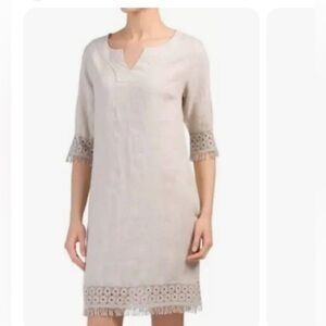 Alessia Pacini 100% Linen dress with Crochet cotton trim/sand color/ Size Small